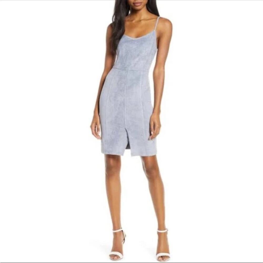 NWT Anthropologie Gabrielle Blue Faux Suede Bodycon Mini Sheath Dress w Slit S